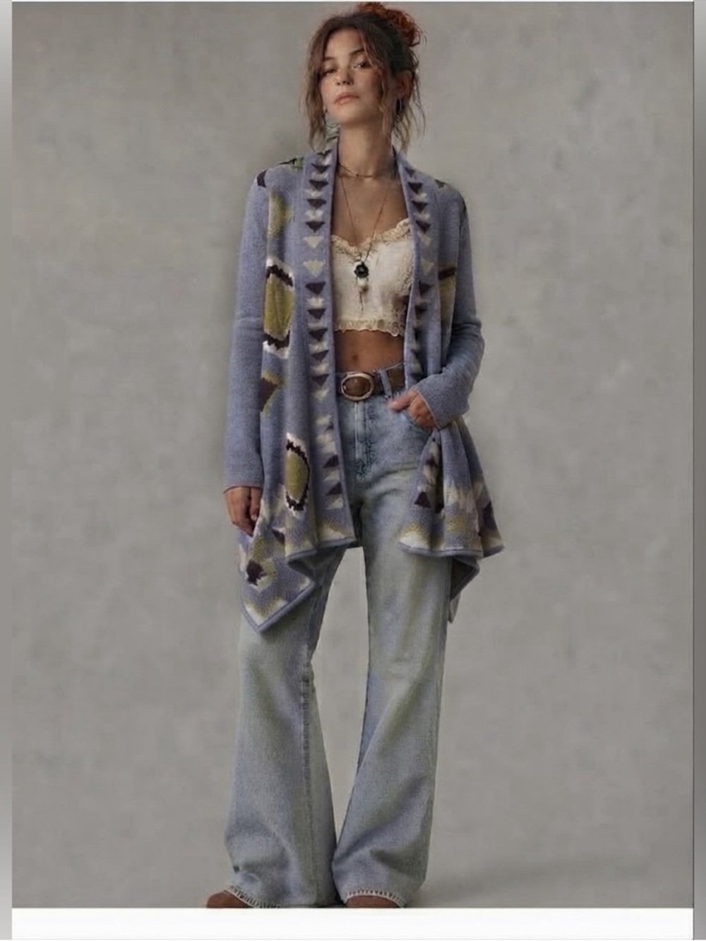 Anthropologie Wool Long Cardigan Size Large Geometric Boho Print Blue